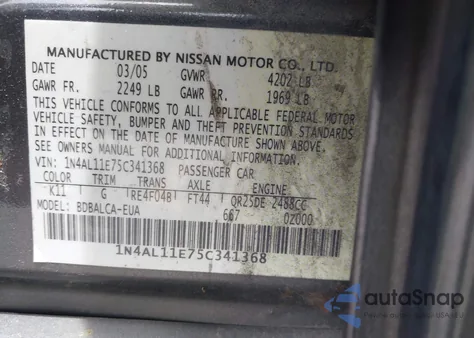 2005 Nissan Altima 2.5 S from USA, damaged, VIN 1N4AL11E75C341368